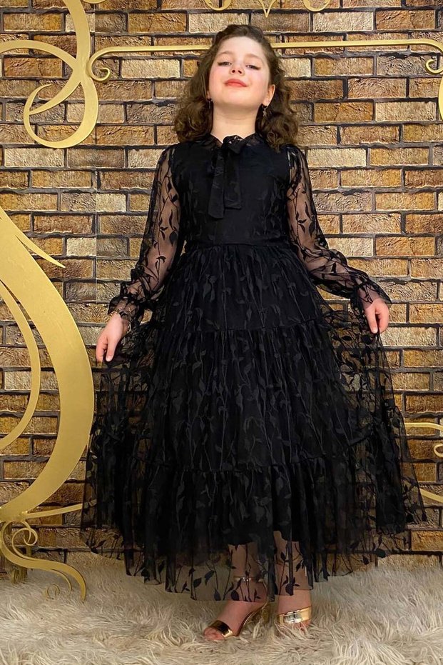 Girls' Black Dress with Transparent Tulle on the Sleeves and Collar and Leaf Detail