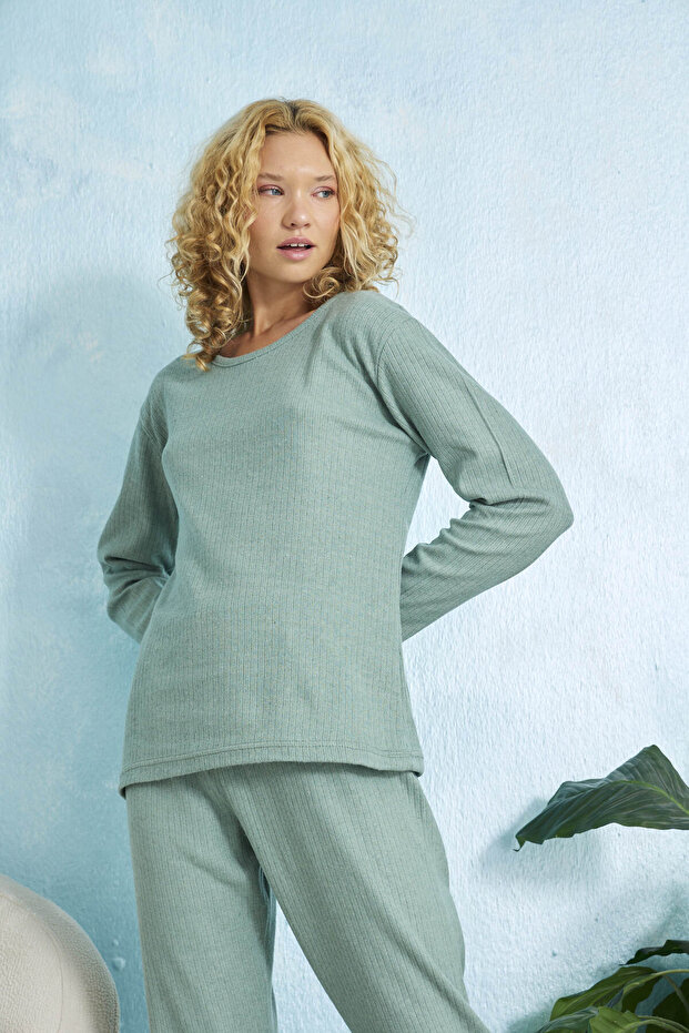 Pamuklu Kalın Fitilli Uzun Kollu Pijama Takımı - 2