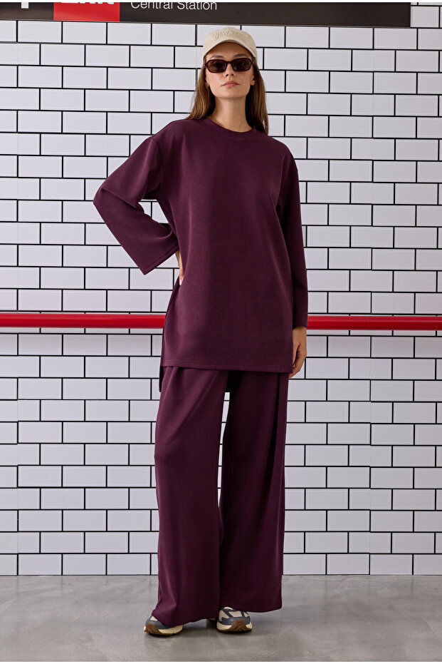 سويت شيرت مودال بيسك طويل باللون الأحمر الداكن - 1