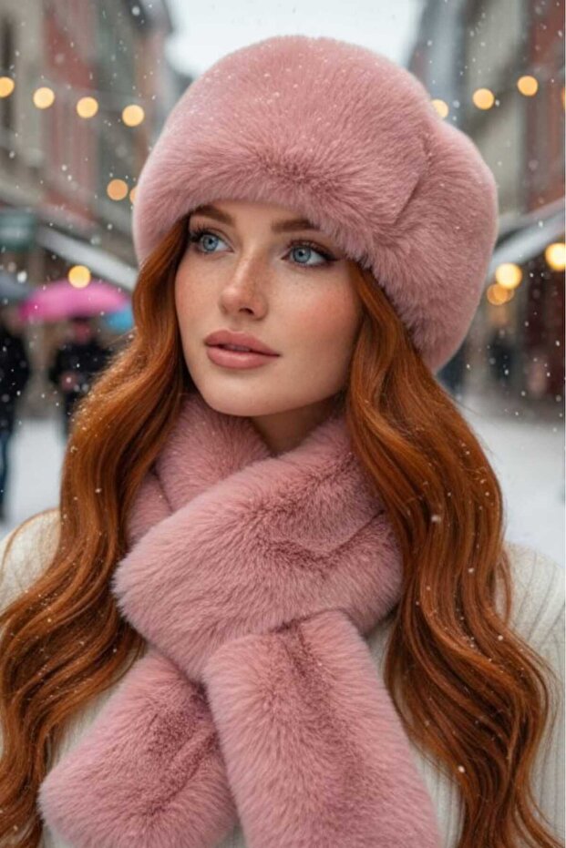 Women's Winter Vegan Fur Plush Kalpak Hat and Scarf Set