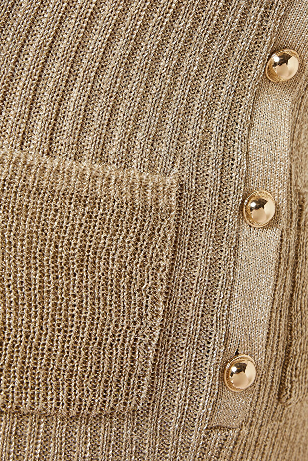 Lurex Knit Mini Elbise, Altın Işıltılı Şık Gece Elbisesi - 5