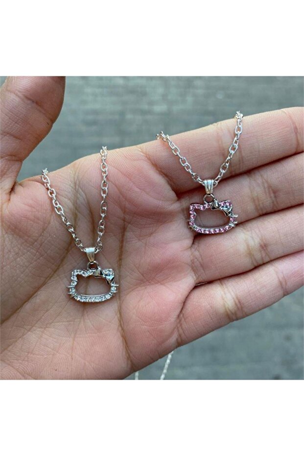 Silver Hello Kitty Taşlı Çift Kolye - 1