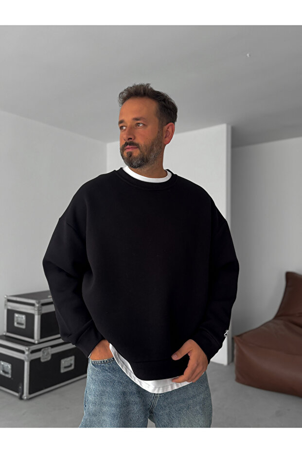 Siyah BB Nakışlı Basic Oversize Sweatshirt BY - 3