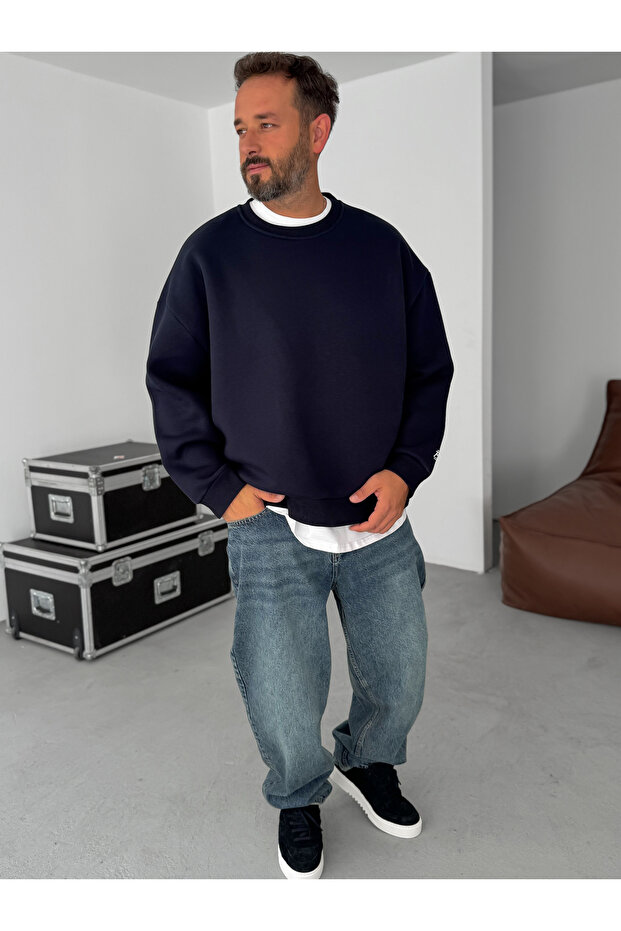 Koyu Lacivert BB Nakışlı Basic Oversize Sweatshirt BY - 3