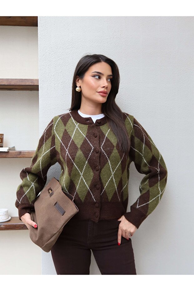 Baklava Desen Düğmeli Hırka - 6