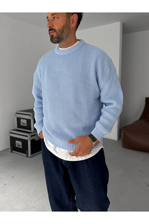 سترة تريكو أساسية كبيرة الحجم باللون الأزرق الفاتح G-17334 - 2