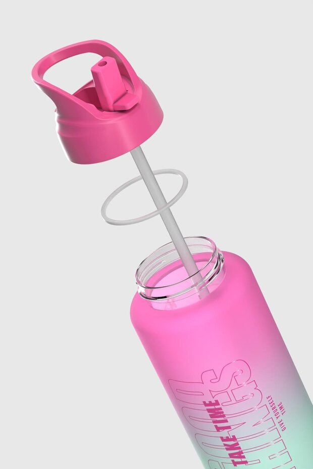 Moly Double Color Text Patterned 1000 ml Matte Tritan Flask with Straw 912117 Fuchsia-Turquoise - 4