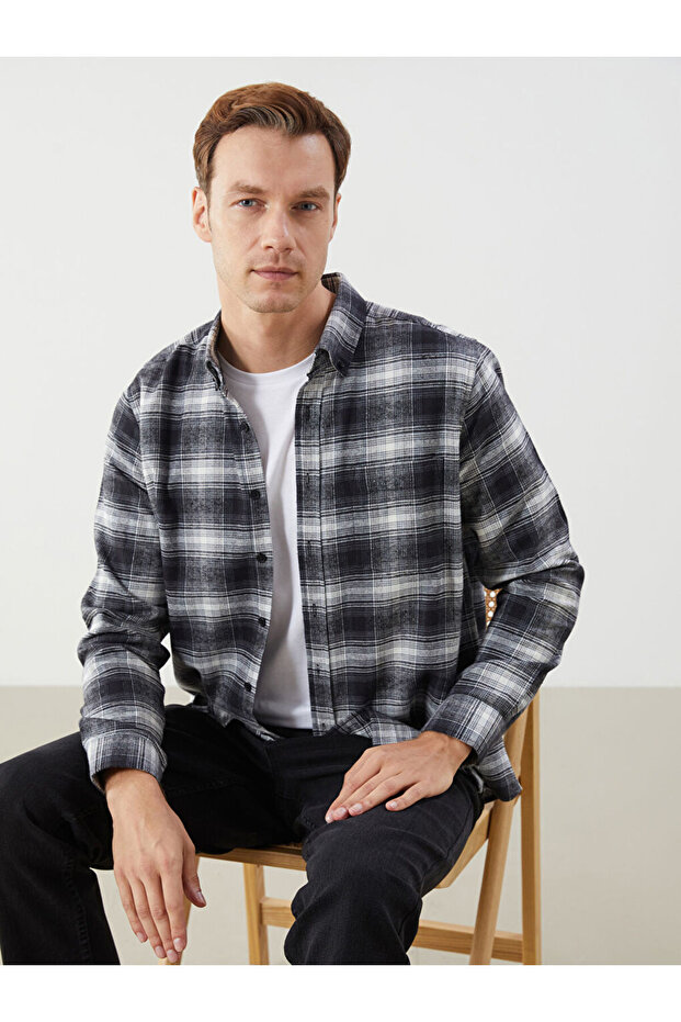 Regular Fit Long Sleeve Plaid Poplin Men's Shirt