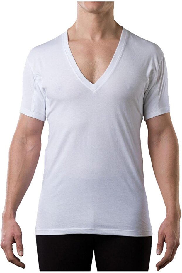 Men's Sweatproof Undershirt | Cotton Deep V Neck T-Shirt with Underarm Sweat Pads, Original Fit | Al