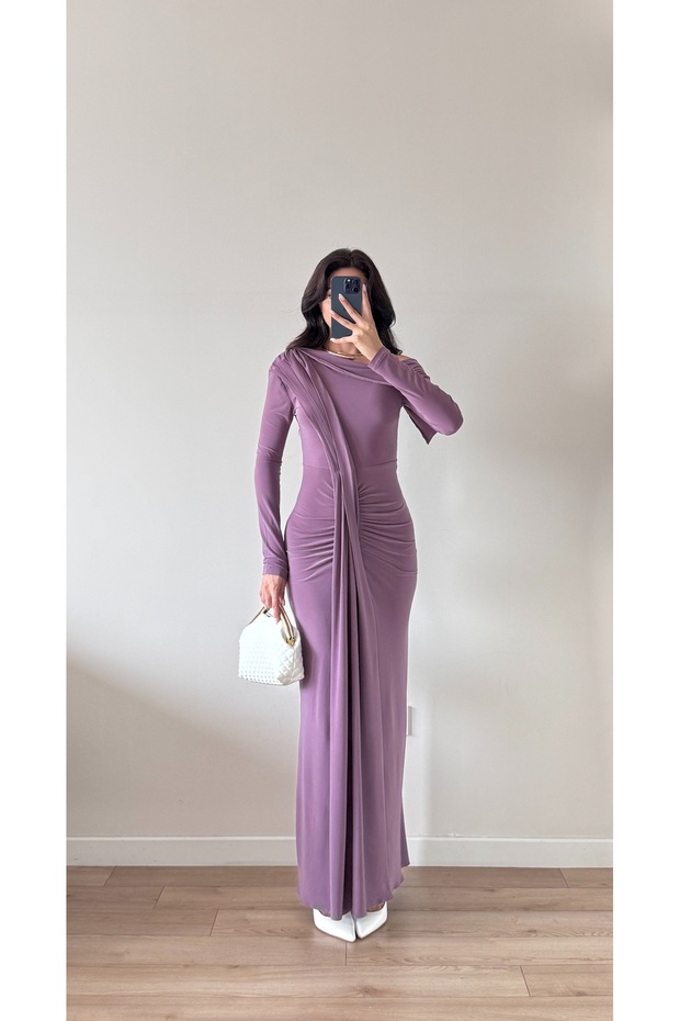 Women's Purple Long Sleeve Skirt Pleated Slit Pleated Maxi Dress