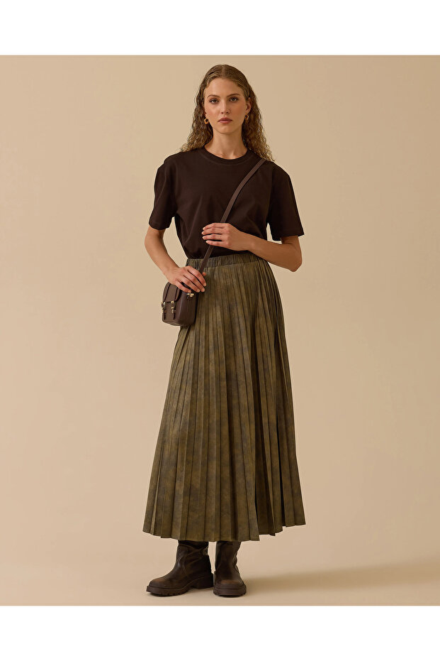 Desenli Pliseli Süet Etek - 2