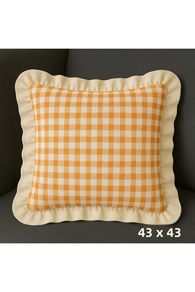 Ruffle Detailed Throw Pillow Cover Made of Gingham Zefir Fabric 43X43 cm Orange-White