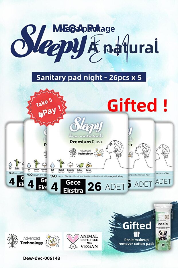 Hygienic Pads 26-Pack Night Mega Pack Bio Buy 5 Pay for 4 and Rosie Makeup Cotton