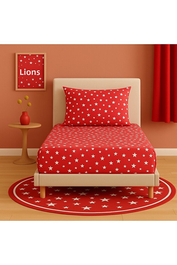 Patterned 100 X 200 cm Single Red Star Elastic Sheet and Pillowcase