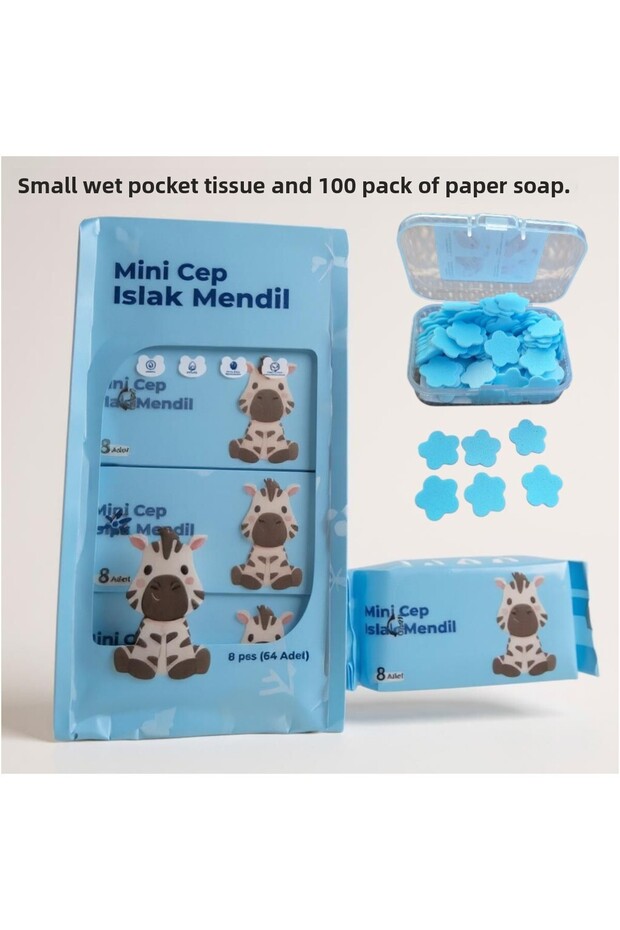 1 Pack of Mini Wet Pocket Wipes, 9 Packs of Mini Pocket Wipes and 100-Pack of Mini Paper Soap, Set of 3