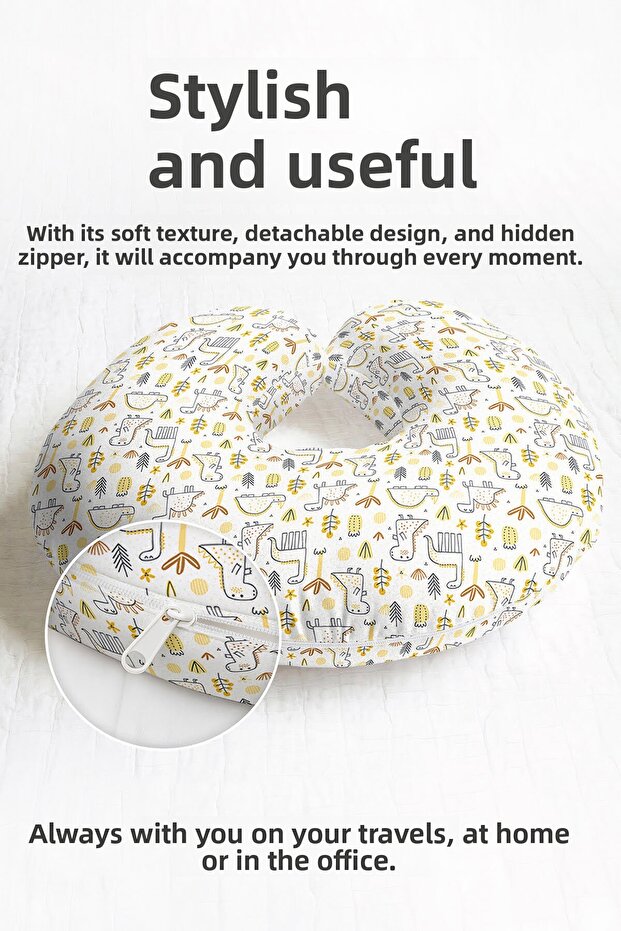 Dinosaur Patterned Cotton Neck Pillow - Cute Yellow Brown Kids & Adult Travel Pillow