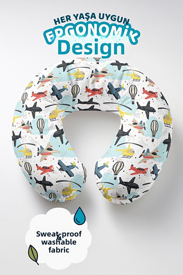 Ergonomic Neck Pillow with Airplane and Balloon Pattern - Colorful Sky Blue Yellow Soft Travel Pillow