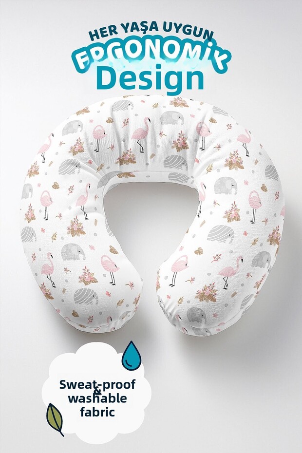 Flamingo Elephant Patterned Cotton Neck Pillow - Pink Gray Travel Pillow with Cute Animal Figures