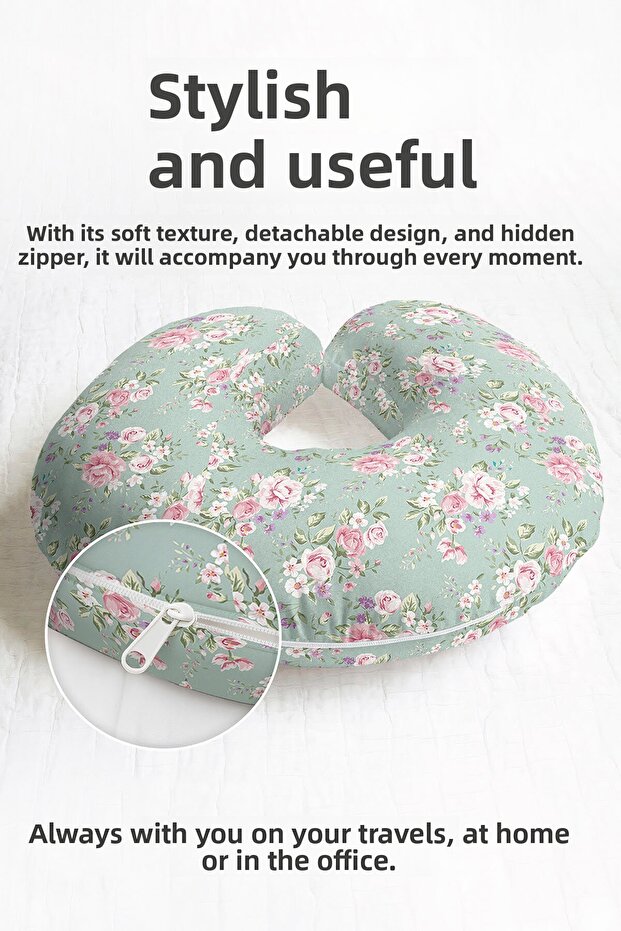 Floral Pattern Cotton Neck Pillow - Classic Pastel Green Pink Adult Travel Pillow