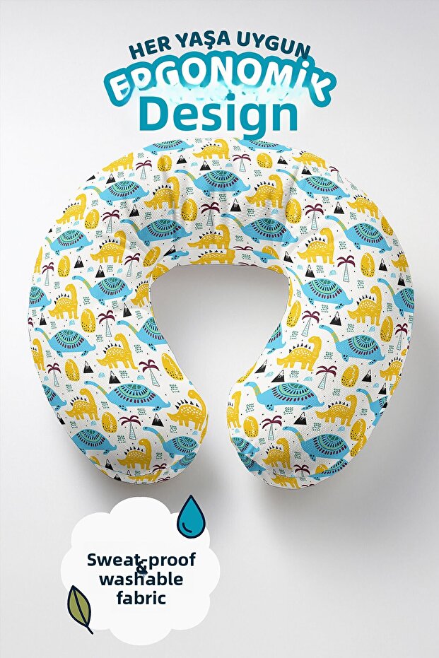 Dinosaur Themed Neck Pillow for Kids & Adults - Cute Yellow Blue Cotton Travel Pillow