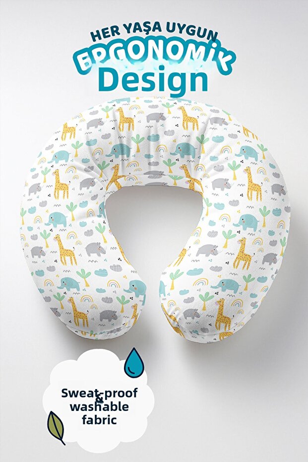 Animal Figured Cotton Neck Pillow - Cute Safari Patterned Yellow Gray Green Travel Pillow