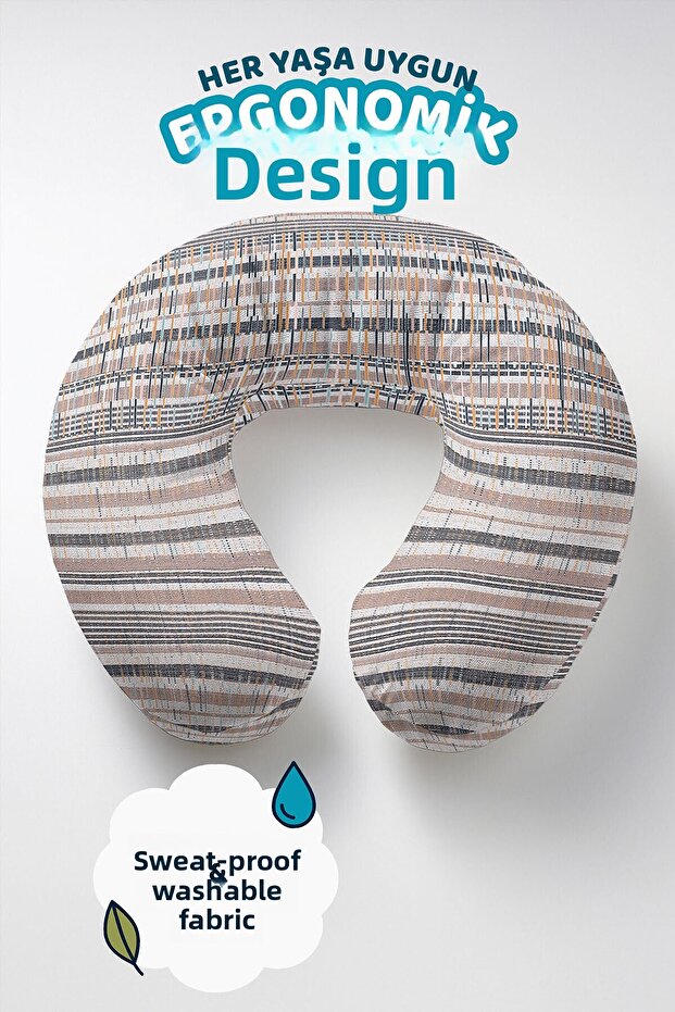 Modern Geometric Striped Neck Pillow - Stylish Beige Gray Soft Travel Pillow
