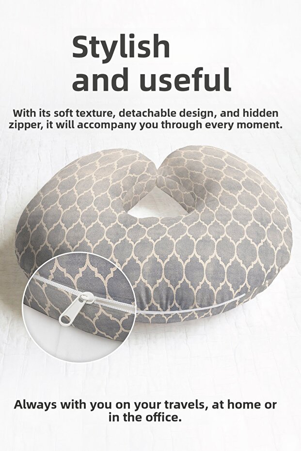 Moroccan Patterned Cotton Neck Pillow - Stylish Gray Cream Color Soft Travel Pillow