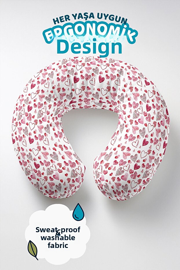 Red Heart Cotton Neck Pillow - White Red Travel Pillow with Romantic Design