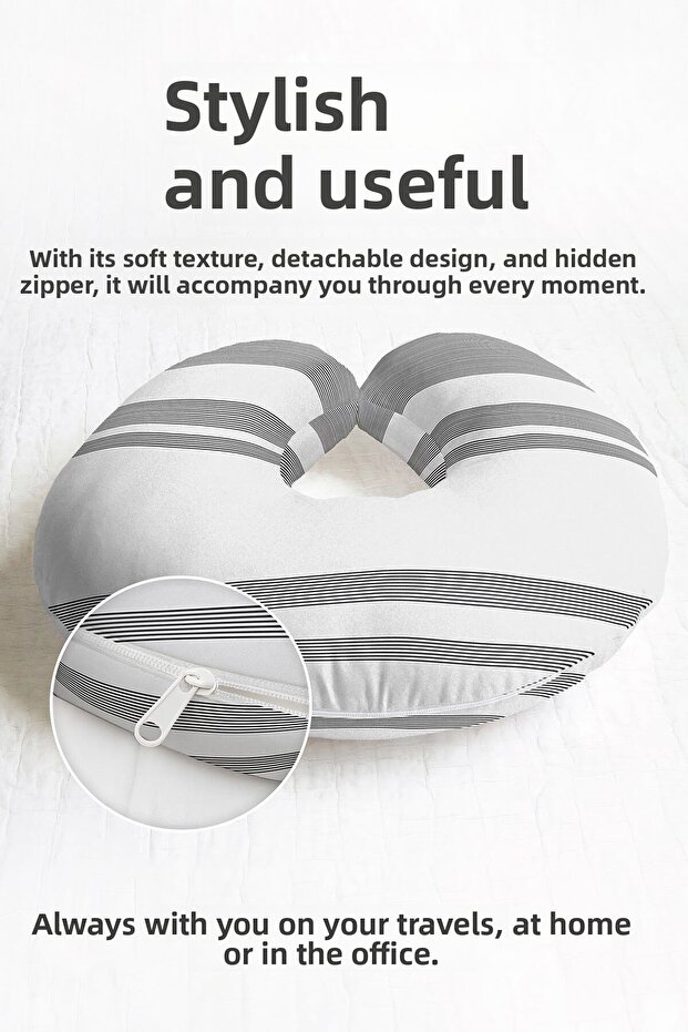 Black and White Striped Cotton Neck Pillow - Minimalist Modern Gray Ergonomic Travel Pillow