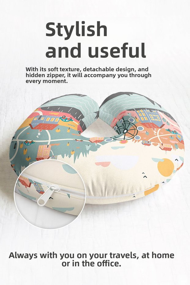 City Themed Cotton Neck Pillow - Soft Travel Pillow with Pastel Colored Landscape Pattern