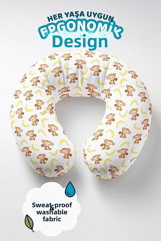 Monkey Patterned Cotton Neck Pillow - Cute Yellow Brown Kids & Adult Travel Pillow