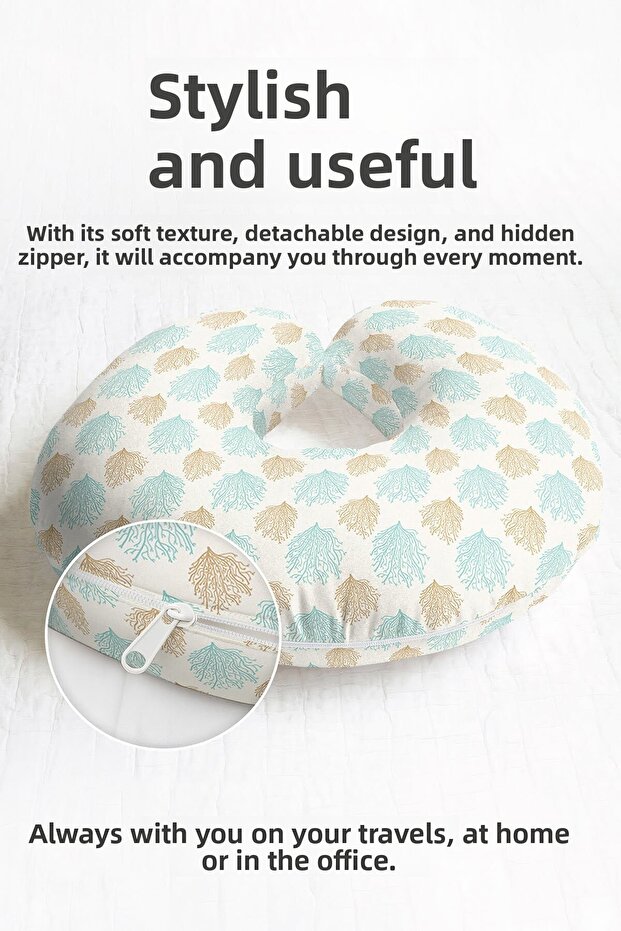 Coral Patterned Cotton Neck Pillow - Sea Themed Blue Beige Travel Pillow