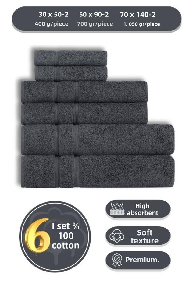 6-Piece Cotton Towel Set Hand Face - Hair - Bath Towel Set Gama 30X50*2/50X90*2/70X140 *2