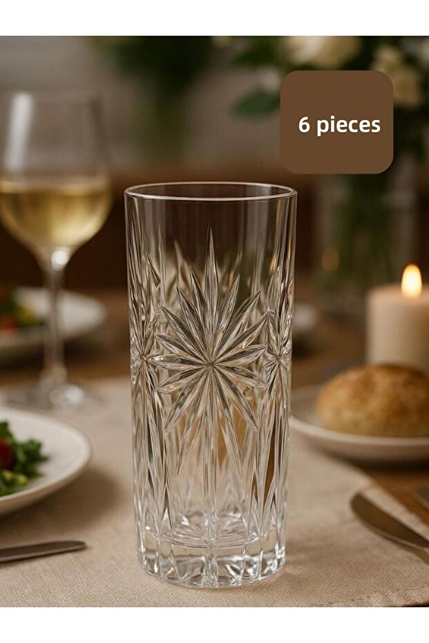 Crystal Embroidered Tall Glass Soft Drink Glasses 6 Pieces - Stylish Patterned Water and Beverage Glasses