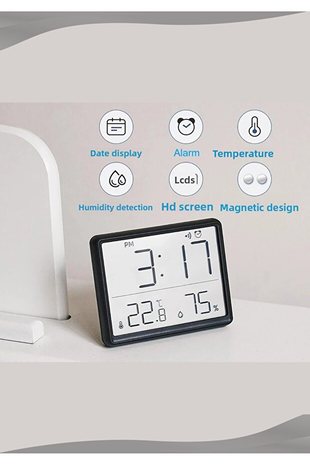 Digital Wall Clock Thermometer Temperature and Humidity Meter Table Clock Alarm Lcd Display Plug into Wall White - 3