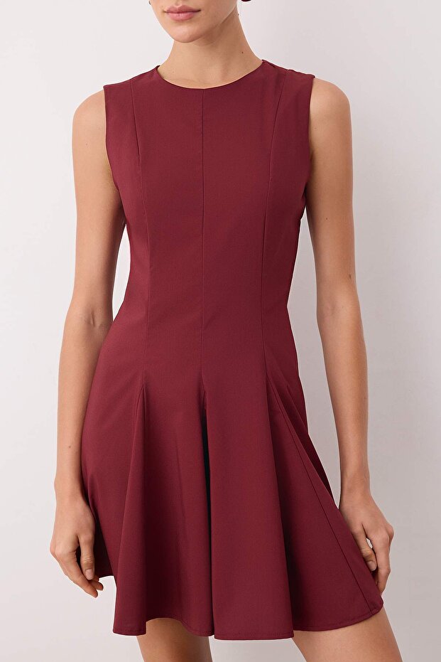 Koyu Bordo Eteği Belden Açılan Kısa / Mini Dokuma Elbise TWOAW25EL00244 - 3
