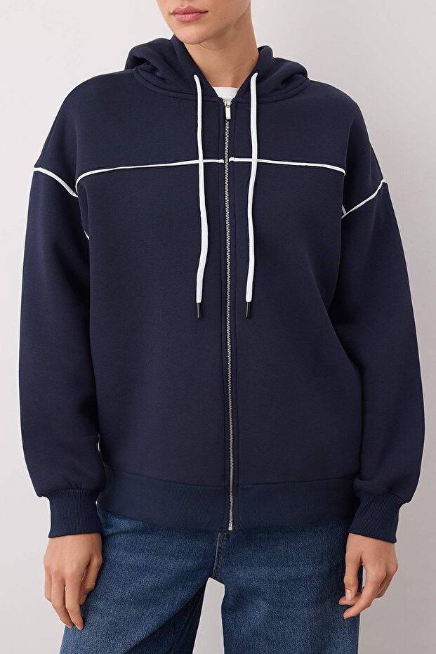 Lacivert Kapüşonlu ve Biye Detaylı Oversize/Geniş Kalıp Örme Sweatshirt TWOAW26SW00106 - 3
