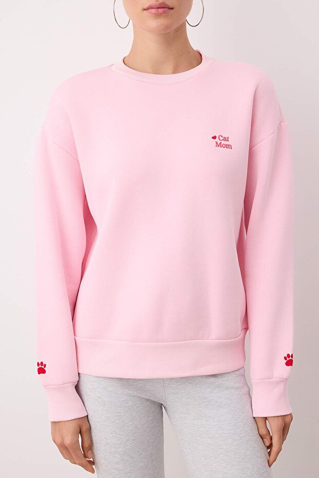 Açık Pembe Cat Mom Grafikli Nakışlı Regular/Normal Kalıp Kalın Örme Sweatshirt TWOAW26SW00200 - 3