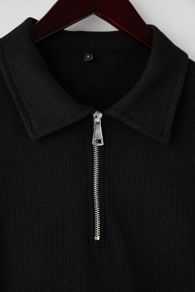 Siyah Düşük Omuz Regular Fermuarlı Polo Yaka T-shirt/Sweatshirt TMNAW26PO00000 - 6