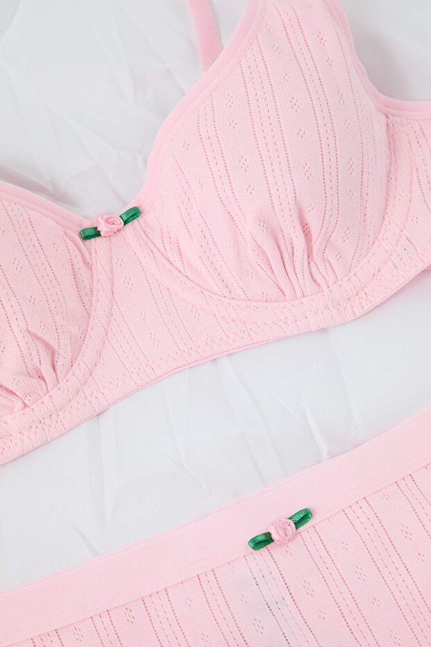 Açık Pembe %100 Pamuklu Fitilli Çiçek Aplike Kapsız Örme İç Çamaşırı Takımı THMAW26CC00003 - 6