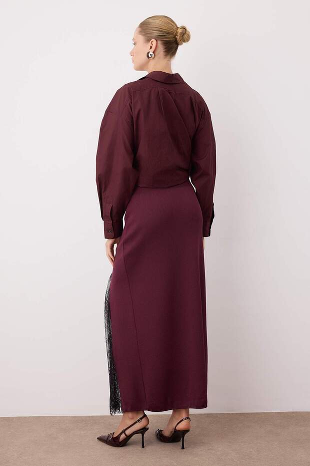 Bordo Dantelli Yırtmaç Detaylı Maxi Triko Etek TWOAW26ET00117 - 4