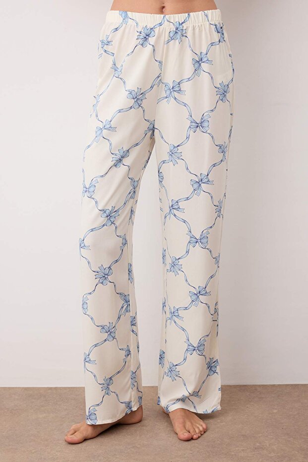 Mavi-Çok Renkli Kurdele Baskılı Bağlama Detaylı Viskon Dokuma Pijama Takımı THMAW26PT00109 - 3