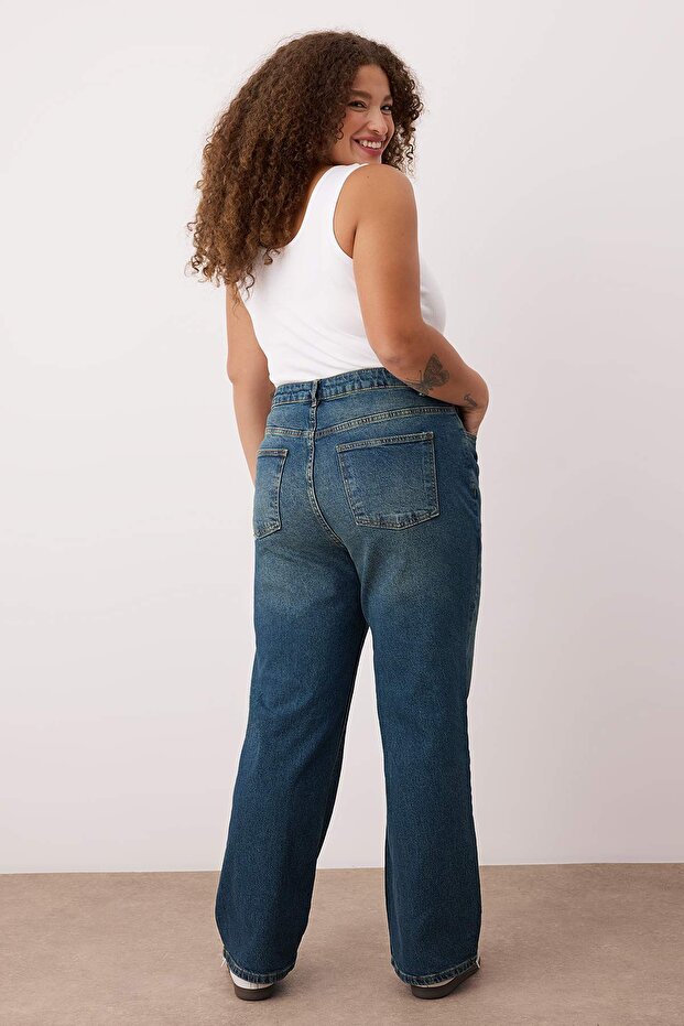 Mavi Yüksek Bel Comfort/Orta Esnek Straight Fit Denim Büyük Beden Jeans TBBSS24CJ00051 - 4