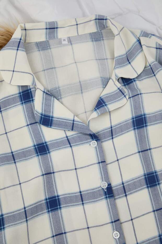 Mavi Ekoseli Viskon Dokuma Pijama Takımı THMAW26PT00066 - 7