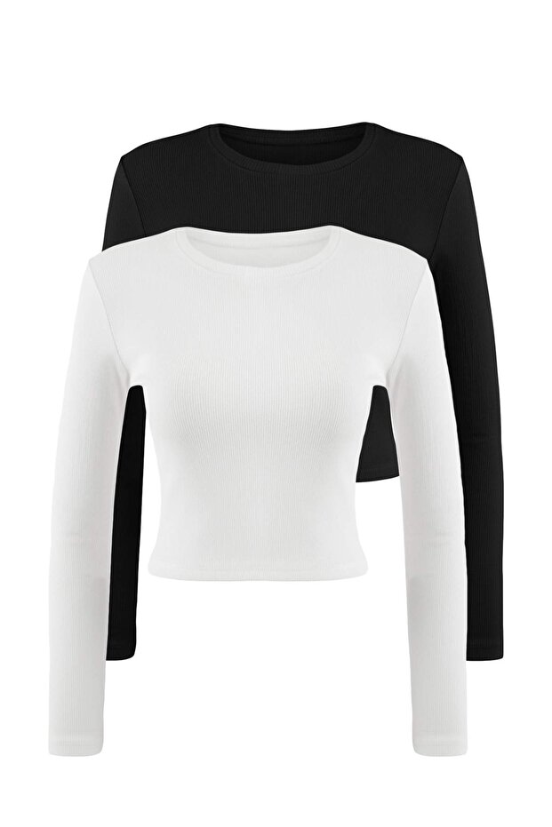 Siyah-Beyaz 2'li Paket Fitted/Vücuda Oturan Bisiklet Yaka Crop Fitilli Esnek Örme Bluz TWOAW22BZ0331 - 20