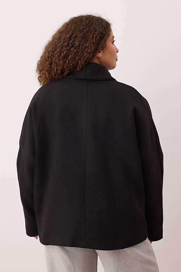 Siyah Regular Yünlü Oversize Kaşe Kısa Ceket Kaban TWOAW26DD00009 - 4