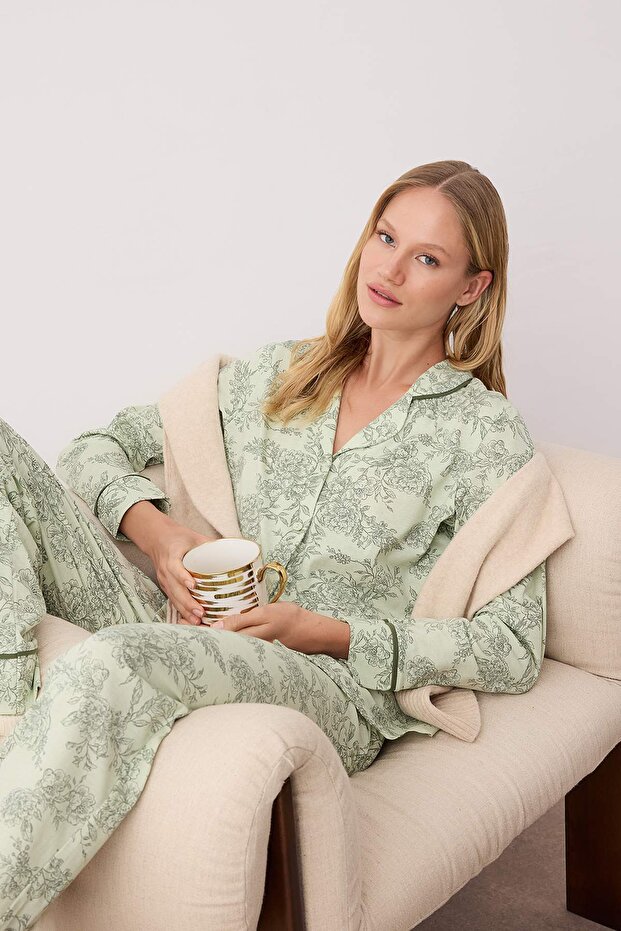 Yeşil %100 Pamuklu Çiçekli Gömlek Yaka Biyeli Örme Pijama Takımı THMAW26PT00152 - 2