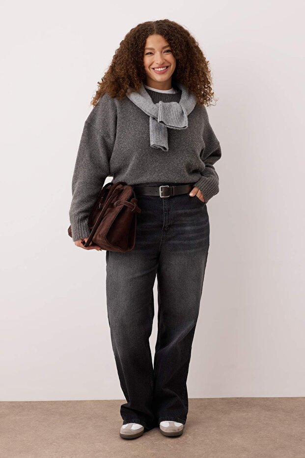 Antrasit Yüksek Bel Geniş Paça Comfort/Orta Esnek Büyük Beden Wide Leg Jeans TBBAW23CJ00020 - 3
