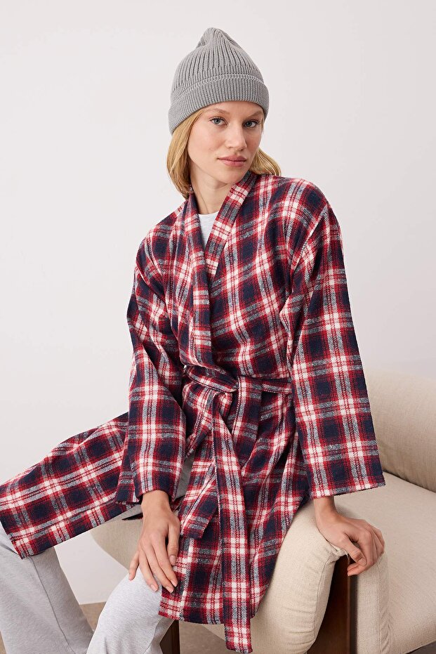 Kırmızı-Çok Renkli Kuşaklı Ekoseli Kışlık Flannel Dokuma Sabahlık THMAW26SB00001 - 1