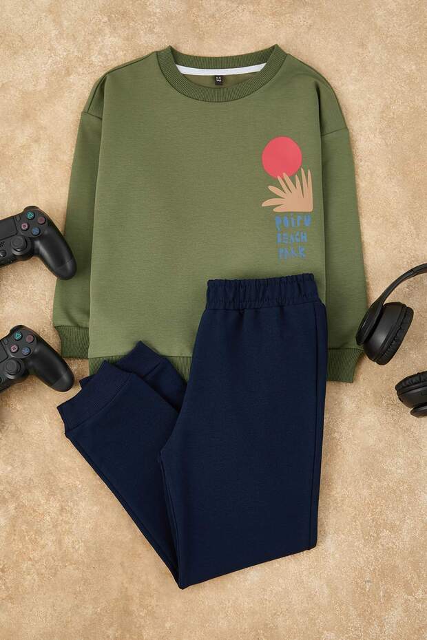 Açık Haki Pamuklu Örme Erkek Çocuk Regular Sweatshirt ve Eşofman Alt-Üst Takım TKDAW25AU00144 - 6